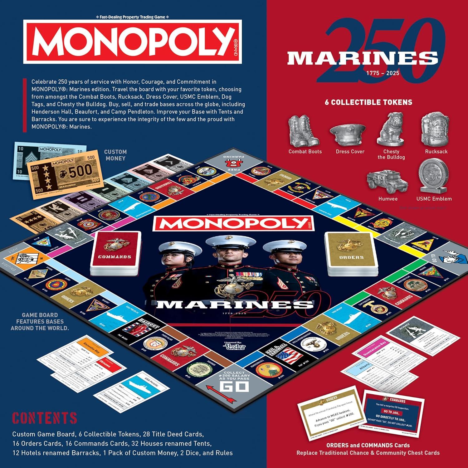 image:imageMonopoly Marines 250th Anniversary Edition Celebrate 250 Years Buy Bases Worldwide and Upgrade with Tents amp Barracks Play as Tokens Combat Boots Bulldog amp More Officially Licensed Merchandise