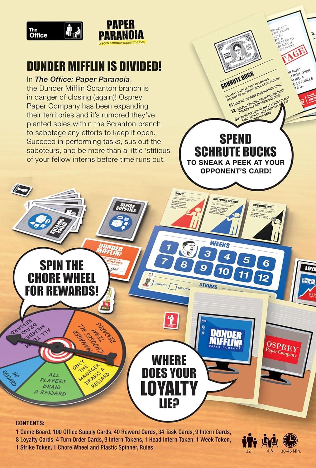 image:imageThe Office Paper Paranoia Board Game Social Deduction Game Set in Dunder Mifflins Scranton Branch Bluff Sabotage amp Complete Tasks to Win The Turf War Ages 12 48 Players 3045 Min Playtime