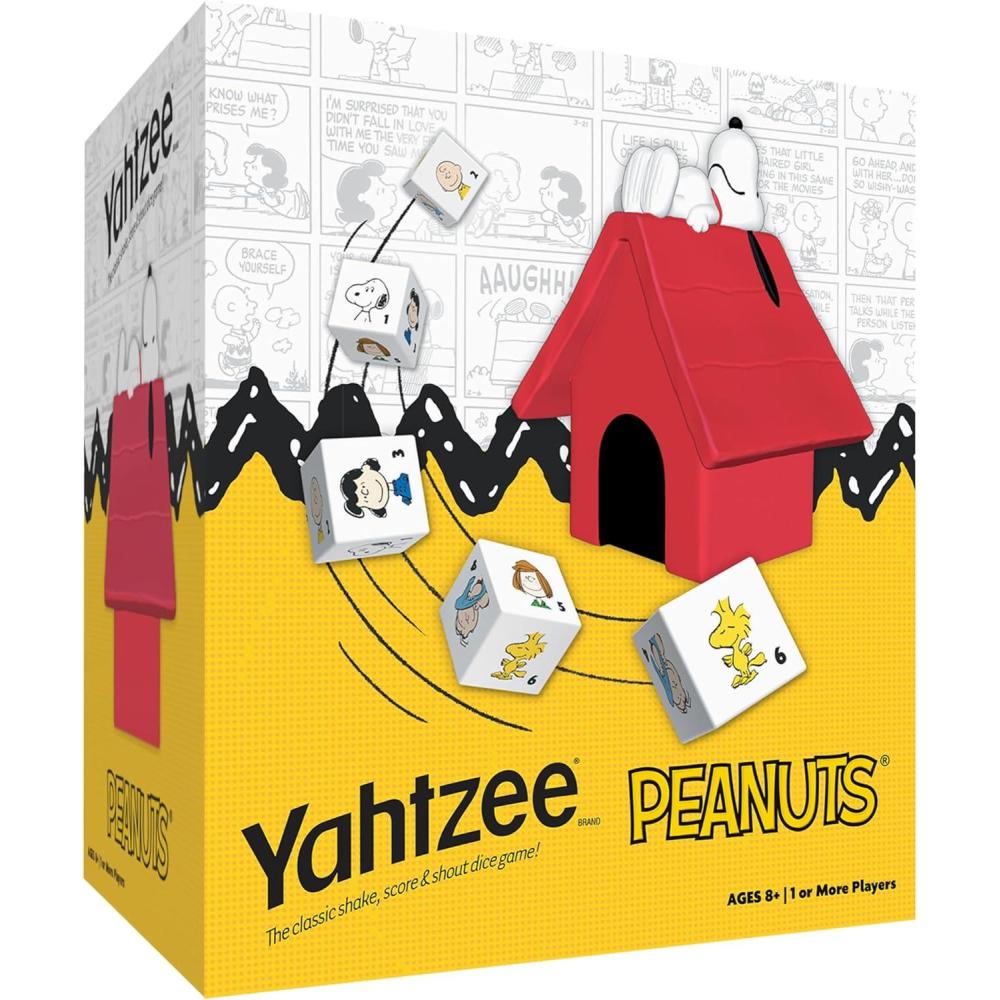image:imageYAHTZEE Peanuts Edition Exclusive Snoopys Doghouse Cup Roll The Dice with Charlie Brown Woodstock amp The Peanuts Gang Dice Rolling Game with a Fun Twist Officially Licensed Peanuts Collectible