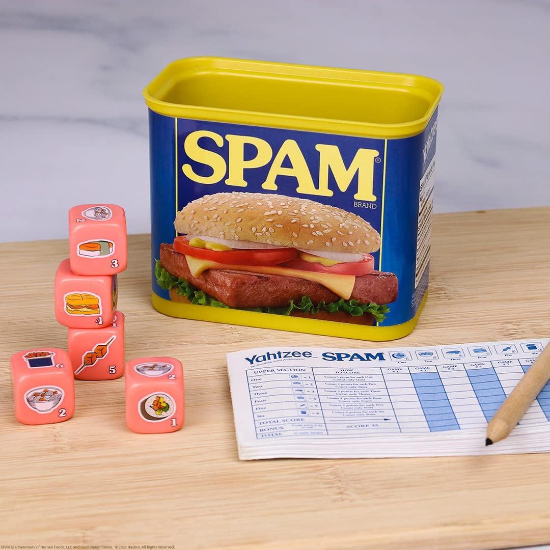 image:imageYAHTZEE Spam Brand Collectible Yahtzee Game as Iconic Spam Can with Custom Dice Dice Featuring Fried Spam Spam Musubi Spam Fries Travel Yahtzee Game amp Dice Game