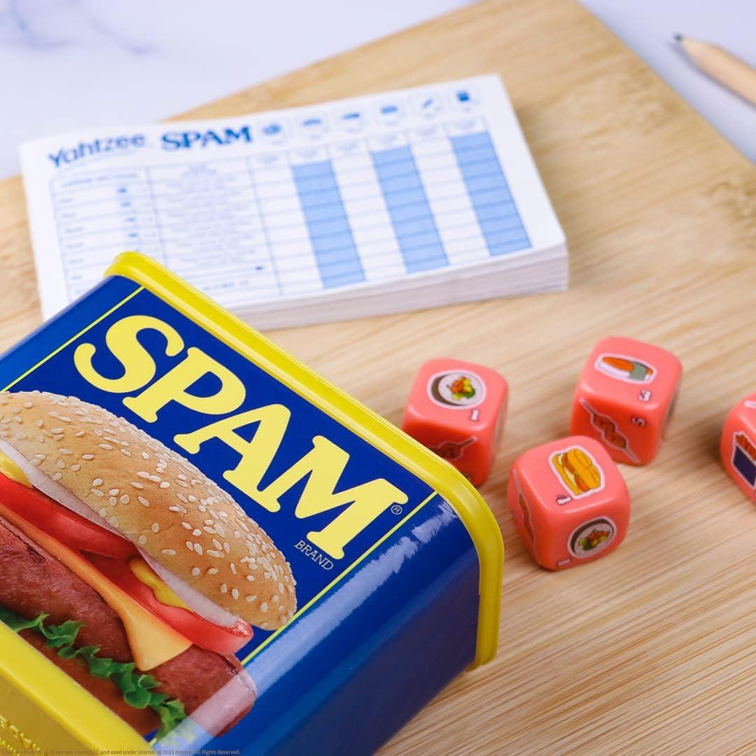 image:imageYAHTZEE Spam Brand Collectible Yahtzee Game as Iconic Spam Can with Custom Dice Dice Featuring Fried Spam Spam Musubi Spam Fries Travel Yahtzee Game amp Dice Game