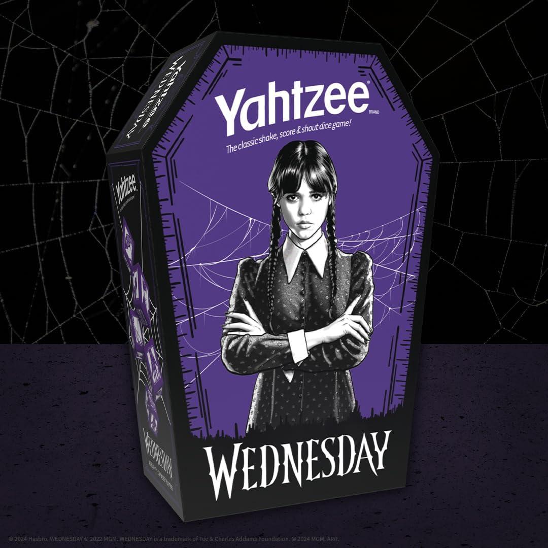 image:imageYahtzee Wednesday Dice Game Collectible Flocked Interior Coffin Dice Cup Classic Game Based on Addams Family Character Wednesday Addams Officially Licensed Wednesday Game amp Merchandise