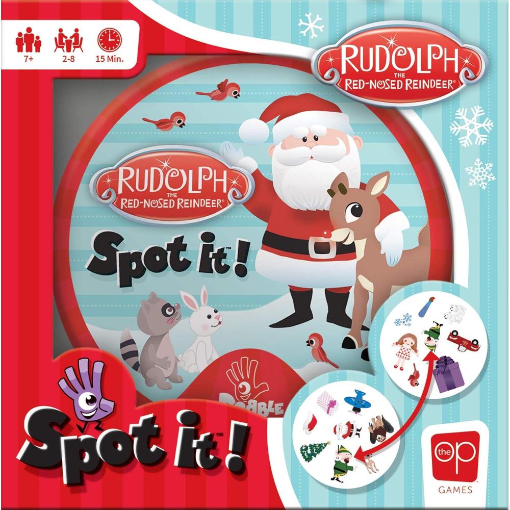 image:imageUSAOPOLY Spot It Rudolph  Fun Card Game for Kids and Adults  Featuring Rudolph Santa Claus Yukon Cornelius Bumbles and More  Licensed Rudolph The Red Nosed Reindeer Game