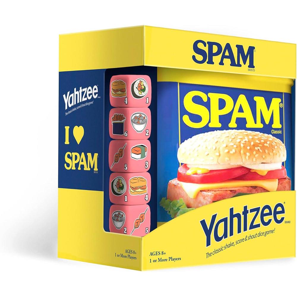 image:imageYAHTZEE Spam Brand  Collectible Yahtzee Game as Iconic Spam Can with Custom Dice  Dice Featuring Fried Spam Spam Musubi Spam Fries  Travel Yahtzee Game amp Dice Game