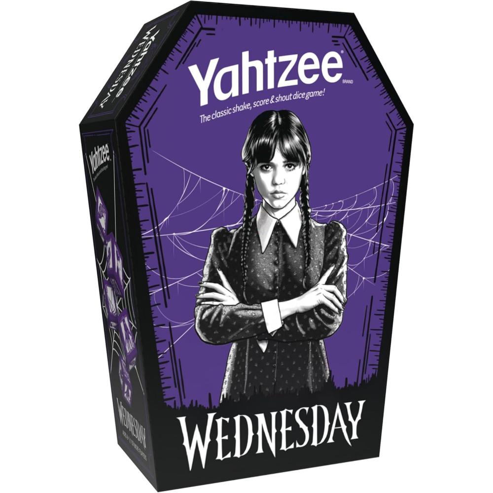 image:imageYahtzee Wednesday Dice Game Collectible Flocked Interior Coffin Dice Cup Classic Game Based on Addams Family Character Wednesday Addams Officially Licensed Wednesday Game amp Merchandise