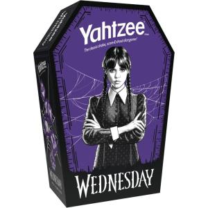 Yahtzee: Wednesday Dice Game, Collectible Flocked Interior Coffin Dice Cup, Classic Game Based on Addams Family Character Wednesday Addams, Officially Licensed Wednesday Game & Merchandise